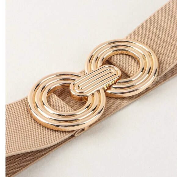 Metal Round Buckle Elastic Cinch Buckle Belt Beige/Brown